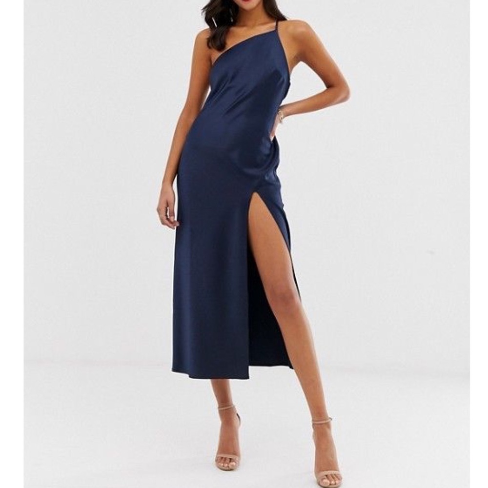 ASOS Navy One Shoulder  Midaxi Dress in Satin, 10
